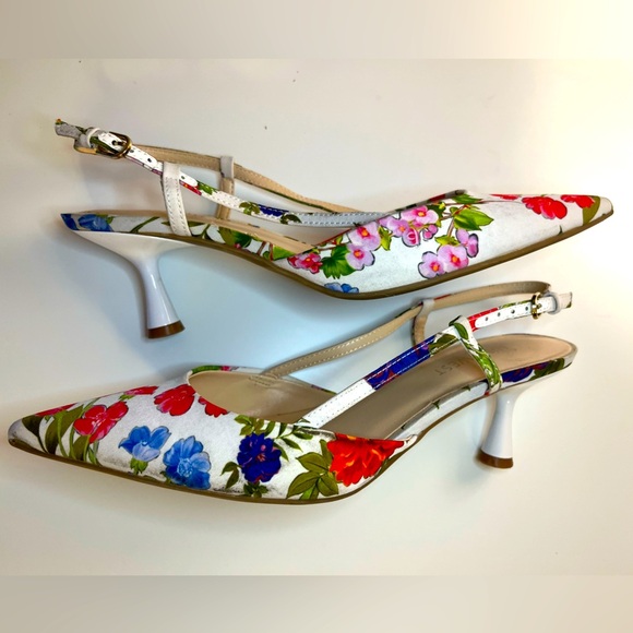 Rhonda Pointy Toe Kitten Heel Floral Slingbacks Nine West 7.5M Boho Party Summer - Picture 1 of 17